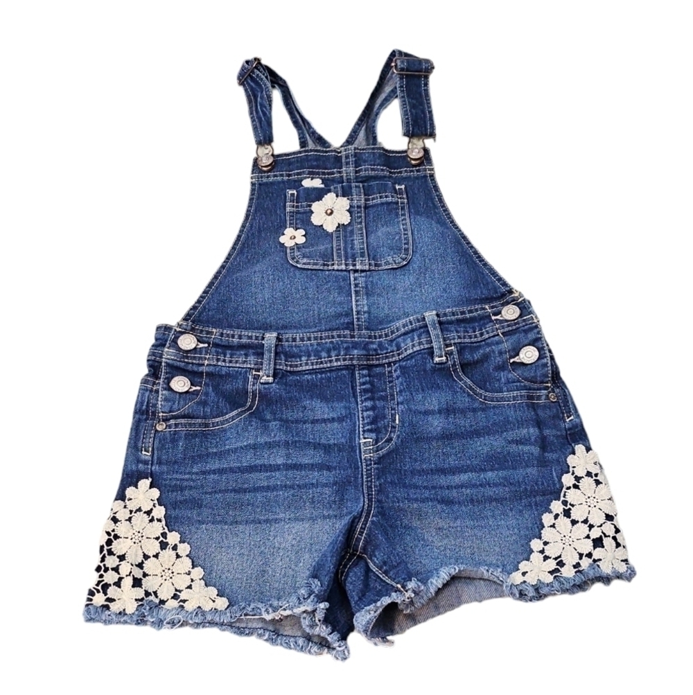 Jordache Blue & White Denim & Crochet Overall Floral Shorts Size L 10-12
